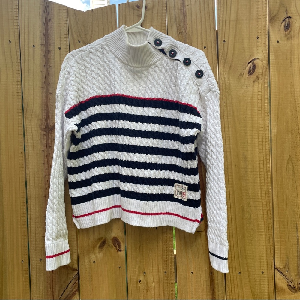 Tommy Hilfiger White and Navy Striped Turtle Neck Sweater